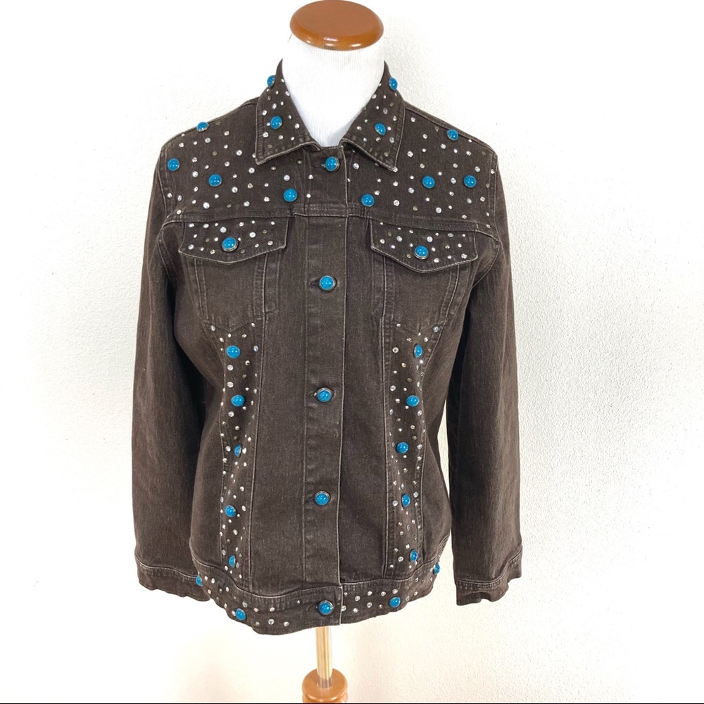 Diane Gilman‎ Brown Jean Jacket Faux Turquoise Embellished Women’s Sz Medium